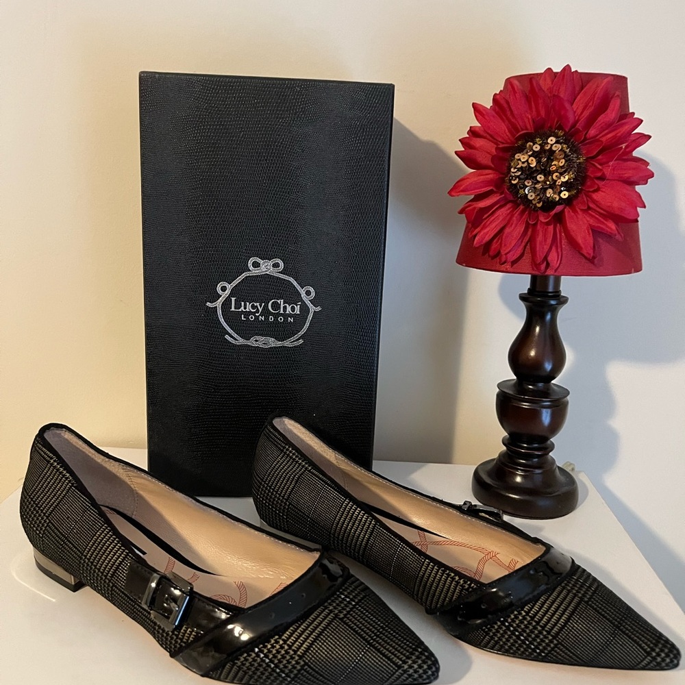 NWT LUCY CHOI Black and Tan Plaid Flats with Black Patent Leather Trim Size 38EU